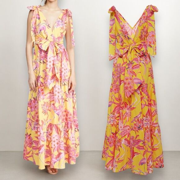 Banjanan Carnation Flamingo Rhododendron Ruffle Maxi Dress Size Small Yellow - Picture 2 of 13